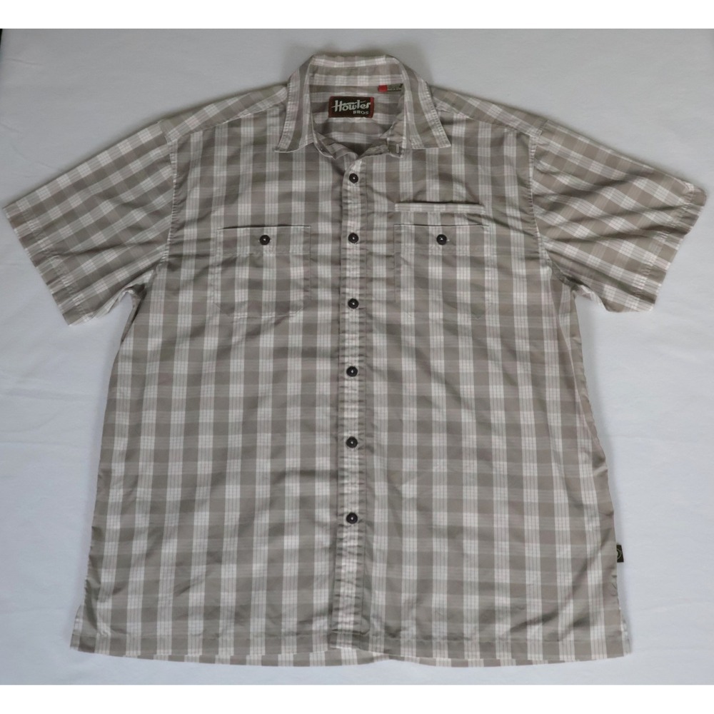 Howler Bros Mens Large Plaid Short Sleeve Button Down Shirt Tan White Outdoor
